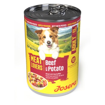 Dose Josera 'Meat Lovers' Adult-Hundefutter, Rind mit Kartoffel; Etikett zeigt lächelnden Hund und Bild einer Schüssel.
