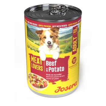 Dose Josera 'Meat Lovers' Adult-Hundefutter, Rind mit Kartoffel; Etikett zeigt lächelnden Hund und Bild einer Schüssel.