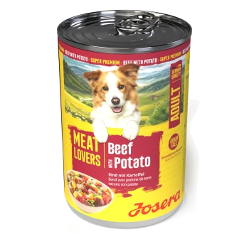 Dose Josera 'Meat Lovers' Adult-Hundefutter, Rind mit Kartoffel; Etikett zeigt lächelnden Hund und Bild einer Schüssel.
