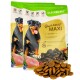 Verpackung für Hundefutter mit einem Rottweiler, beschriftet "Gino's ADULT MAXI mit Huhn", mit sichtbarem Futter und Hühnerbrust.