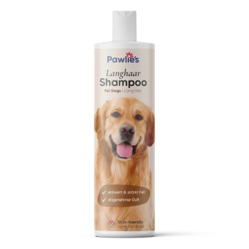 Pawlie's Langhaarschampoo für Hunde, mit einem Golden Retriever auf dem Etikett, das verspricht, das Fell zu entwirren und zu stärken mit einem angenehmen Duft.