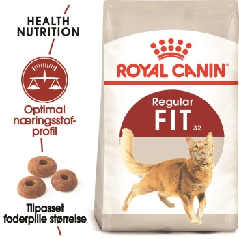 Royal Canin Regular Fit Katzenfutterbeutel mit einer Illustration einer rennenden Katze, mit Text, der "Health Nutrition" und "Optimal næringsstof-profil" hervorhebt.