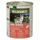 Dosenfutter für Hunde mit der Aufschrift "Wilderness Great Outback" und einem Wolf im Waldhintergrund. Enthält 95% Kaninchen, Känguru und Rind.