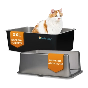 Orange-weiße Katze in einer schwarzen XXL-Katzentoilette mit der Aufschrift 'XXL KATZEN-TOILETTE' und einem Deckel mit der Aufschrift 'PASSENDE ABDECKUNG'.