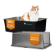 Orange-weiße Katze in einer schwarzen XXL-Katzentoilette mit der Aufschrift 'XXL KATZEN-TOILETTE' und einem Deckel mit der Aufschrift 'PASSENDE ABDECKUNG'.