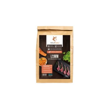 Ein 6 kg Sack WILDFANG Hundefutter mit Lamm, Süßkartoffeln und Minze, mit Bildern der Zutaten und ernährungsphysiologischen Angaben.