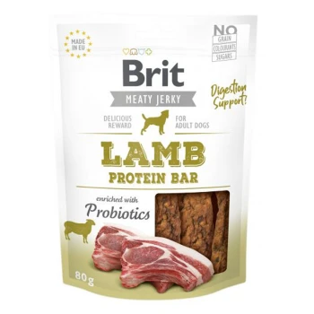 Brit Meaty Jerky Lamb Protein Bar dla dorosłych psów, wzbogacony o probiotyki, opakowanie 80g, z obrazkami mięsa jagnięcego i jerky.