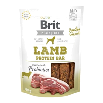 Brit Meaty Jerky Lamb Protein Bar dla dorosłych psów, wzbogacony o probiotyki, opakowanie 80g, z obrazkami mięsa jagnięcego i jerky.