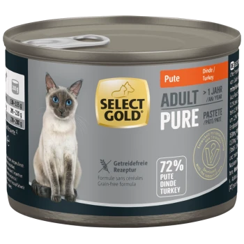 Select Gold Adult Pure Turkey Getreidefreies Katzenfutter Pastete 72 % Truthahn, 200g Dose mit Bild einer Siamkatze.