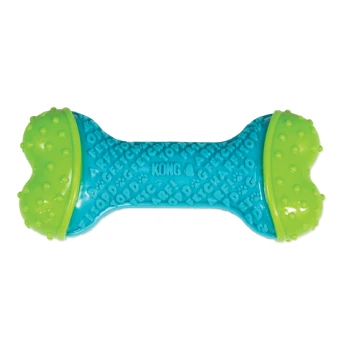 Helles blaues und grünes KONG-Hundespielzeug in Form einer Hantel, mit strukturierten Oberflächen und dem eingeprägten KONG-Logo.