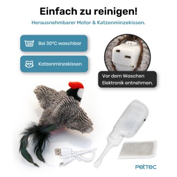 Katzenspielzeug mit Federn, abnehmbarem Motor, USB-Ladegerät und Katzenminzbeutel; waschbar bei 30 °C; Text auf Deutsch.