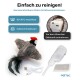 Katzenspielzeug mit Federn, abnehmbarem Motor, USB-Ladegerät und Katzenminzbeutel; waschbar bei 30 °C; Text auf Deutsch.