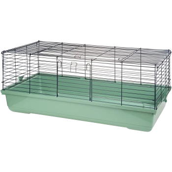 Une cage pour animaux de compagnie en plastique vert avec un dessus en treillis métallique noir, dotée de deux portes pour l'accès. Idéale pour les petits animaux.