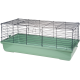 Une cage pour animaux de compagnie en plastique vert avec un dessus en treillis métallique noir, dotée de deux portes pour l'accès. Idéale pour les petits animaux.