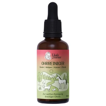 Braune Glasflasche mit Tropfer, beschriftet mit "Yuki cares Ohrreiniger Desinfekt" zur Ohrreinigung, 50 ml.