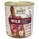 Dosenfutter für Hunde mit der Aufschrift "Betty's Landhausküche", das Wildfleisch mit Amaranth, Rote Beete und Apfel enthält. 600g, geeignet für erwachsene Hunde.