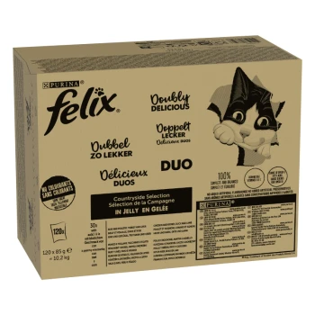 Boîte en carton de nourriture pour chats Purina Felix, étiquetée "Doubly Delicious" et "Duo," contenant 30 sachets de Sélection Campagnarde en gelée.