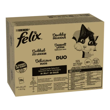 Pappkarton mit Purina Felix Katzenfutter, beschriftet mit "Doppelt Lecker" und "Duo", enthält 30 Beutel Landhausauswahl in Gelee.