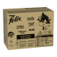 Karton doos van Purina Felix kattenvoer, gelabeld 'Doubly Delicious' en 'Duo,' met 30 zakjes Countryside Selection in gelei.