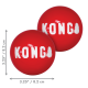 Twee rode KONG-hondenballen met wit 'KONG'-logo en silhouet, afgebeeld met maatpijlen 3.25" / 8.2 cm.