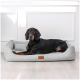 Ein schwarzer und brauner Hund liegt bequem auf einem grauen Hundebett mit einem kleinen Kissen, vor einer hellen Wand.