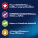 Der Text hebt die Vorteile von Tiernahrung hervor: leichte, knusprige Textur; schmackhafte Geschmäcker und Formen; keine künstlichen Farben; reich an Proteinen, Vitaminen und Omega 6.