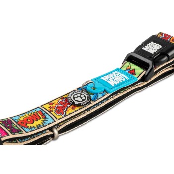 Buntes Comic-Themen-Hundehalsband mit schwarzer Schnalle und Anhänger mit der Aufschrift "I'M LOST! RETURN ME PLEASE!"