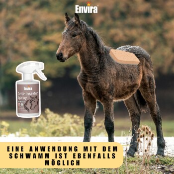 Ein junges Pferd steht im Freien neben einer Flasche Envira Anti-Insekten Spray, mit einem Schwamm auf seinem Rücken. Text: "Eine Anwendung mit dem Schwamm."