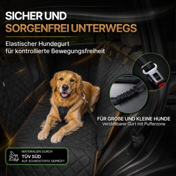 Golden Retriever auf gesteppter Rücksitzauflage mit elastischem Hundesicherheitsgurt; sichtbarer Text: 'SICHER UND SORGENFREI UNTERWEGS'.