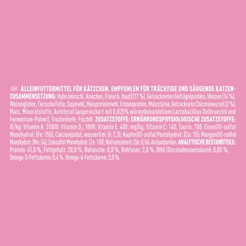 Nourriture pour chats pour chatons, recommandée pour les chats en gestation et allaitants, avec des ingrédients et des informations nutritionnelles en langue allemande.