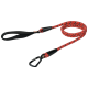 Rote und schwarze gemusterte Hundeleine mit gepolstertem Griff und einem stabilen Karabinerclip an einem Ende.