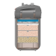 Illustration eines mehrstufigen Aquarienfilters, der vier Schichten zeigt: blauer Schaum, weißes Filtermedium, rosa Keramikkugeln und beiger Substrat.