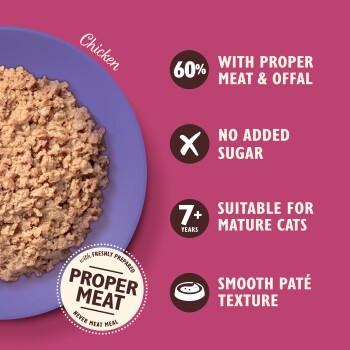 Close-up of chicken cat food on a purple plate with text: 60% proper meat & offal, no added sugar, for mature cats 7+, smooth pâté texture.
