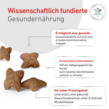 Sternförmiges Hundetrockenfutter mit deutscher Überschrift 'Wissenschaftlich fundierte Gesundernährung' und einem 'Gewichtsmanagement'-Abzeichen.
