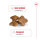 Hondensnoepjes in de vorm van sterren, met tekst die "Juist combinatie van voedingsstoffen" en "Aangepast caloriegehalte" benadrukt.