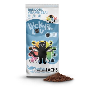 Tüte mit "Lucky Lou Adult" Katzenfutter mit einer Cartoon-Schwarzen Katze, bunten Zutaten-Icons und verstreutem Futter.