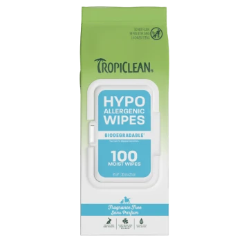 TropiClean Hypoallergenic Biodegradable Pet Wipes, 100 moist wipes, fragrance free, cruelty free, plant-based, alcohol free.