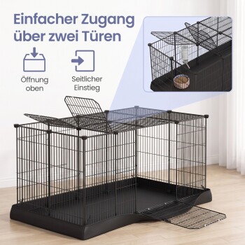 Schwarzer Metall-Käfig für Haustiere mit herausnehmbarer Wanne, Ober- und Seitentüren; deutscher Text 'Einfacher Zugang über zwei Türen'