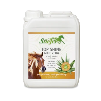 Behälter mit Stiefel Top Shine Aloe Vera Pferdespray, mit einem Pferdebild, grünem Logo und Text in Deutsch und Englisch.