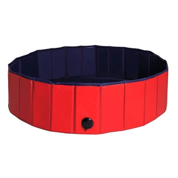 Runder, rot und marineblauer Haustierpool mit einem Ablassventil, entworfen für Haustiere zum Spielen und Abkühlen.