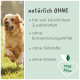 Ein Golden Retriever läuft auf einem grasbewachsenen Feld mit Text über die Vorteile von natürlichem Haustierfutter: "natürlich OHNE" und "100% Natur" Logo.