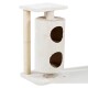 Un arbre à chat beige avec une plateforme supérieure, un cachette cylindrique avec deux ouvertures, et un poteau à gratter enroulé de sisal.