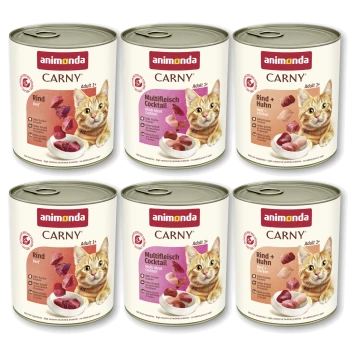 Sechs Dosen Animonda CARNY Erwachsenen-Katzenfutter (Rind, Multifleisch-Cocktail, Rind+Huhn) mit orangefarbener Katzenabbildung