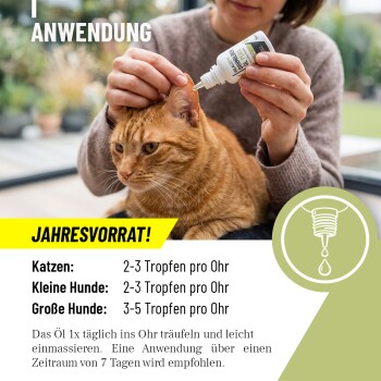 Nahaufnahme der Reavet Ohrmilben Öl Plus Flasche mit einem Katzenetikett; verschwommene orangefarbene Katze im Hintergrund. Text: "Die natürliche Alternative."