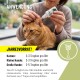 Nahaufnahme der Reavet Ohrmilben Öl Plus Flasche mit einem Katzenetikett; verschwommene orangefarbene Katze im Hintergrund. Text: "Die natürliche Alternative."