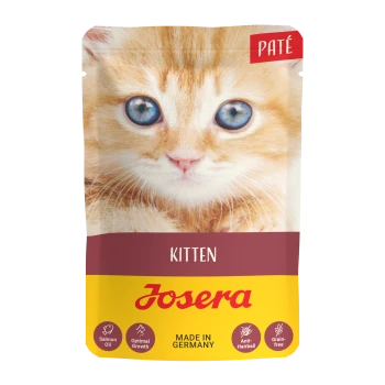 Eine Tüte Josera Kätzchen-Pâté-Hundefutter mit einem Nahaufnahmebild eines flauschigen orangefarbenen Kätzchens auf der Vorderseite, beschriftet mit "KITTEN."
