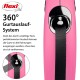 Eine pinke flexi ausziehbare Hundeleine mit einem 360°-Seilsystem, mit Text, der das verwicklungsfreie Design und die Funktionalität erklärt.