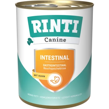 Canine Intestinal Adult 6 x 800g Huhn RINTI Canine Intestinal Nassfutterdose für Hunde, mit einem türkisfarbenen und weißen Design, gekennzeichnet mit 'Gastrointestinal' und 'Mit Huhn'.