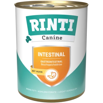 RINTI Canine Intestinal Nassfutterdose für Hunde, mit einem türkisfarbenen und weißen Design, gekennzeichnet mit 'Gastrointestinal' und 'Mit Huhn'.