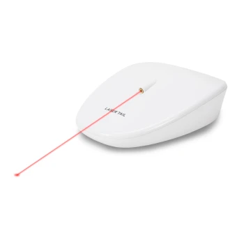 Ein weißes Laserspielzeug für Haustiere mit der Aufschrift 'LASER TAIL', mit einem roten Laserstrahl, der von vorne projiziert wird.
